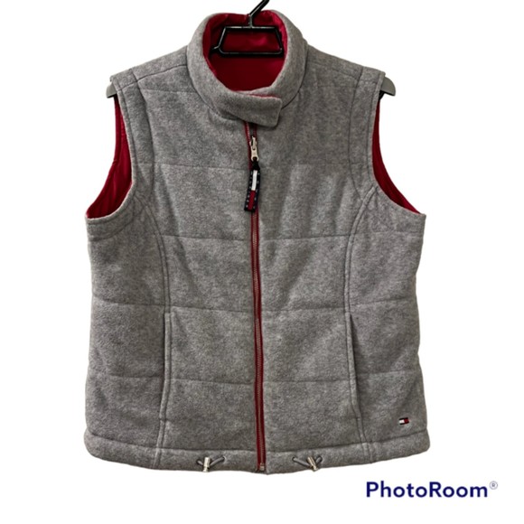 TOMMY HILFIGER Reversible Fleece Winter Vest Gray Pink Vest Pockets Size Medium - Picture 1 of 12